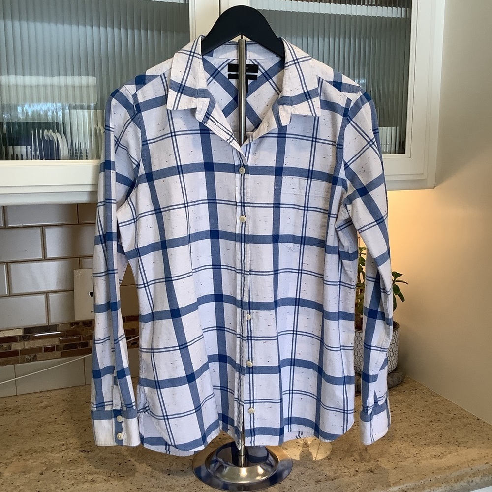 J. Crew Blue White Plaid Women’s Button Up Classic Fit Boy Shirt Size 12 Cotton